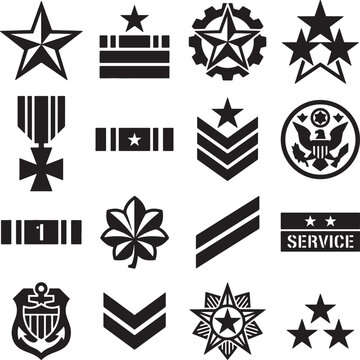 Military rank and service insignia icons collection featuring star medals stripes chevron badges eagle emblem black silhouette vector art design.