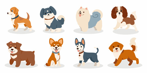 cartoon dogs collection in colorful vector style dog breeds illustration canine puppy beagle husky shiba inu spaniel art flat design animal © Raj