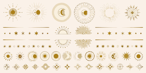 celestial gold dividers and circular frames featuring sun moon stars vector illustration astronomy cosmic ornament pattern design graphic element decoration icon © Raj