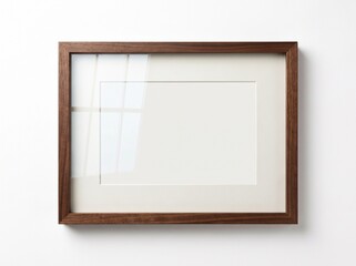 Fototapeta premium Walnut wood picture frame mockup, horizontal wooden photo frame on white wall, blank art poster