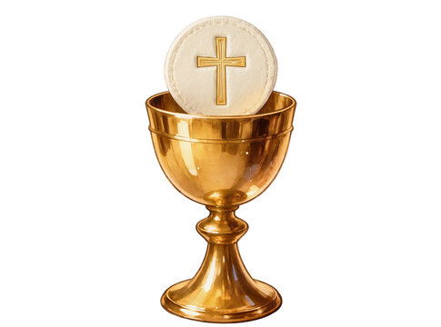 Isolated golden chalice with a communion host featuring a cross, symbolizing Christian faith