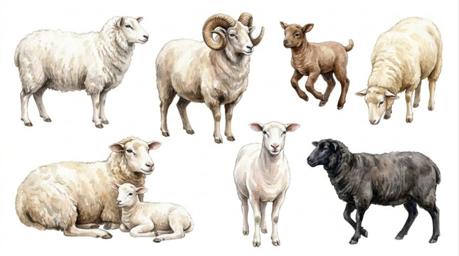 Watercolor sheep and ram illustration set featuring lambs and ewes