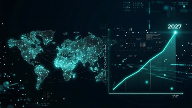 Global market growth chart showing digital world map and rising trend line for 2027. Future economic business statistics and financial data innovation analysis.