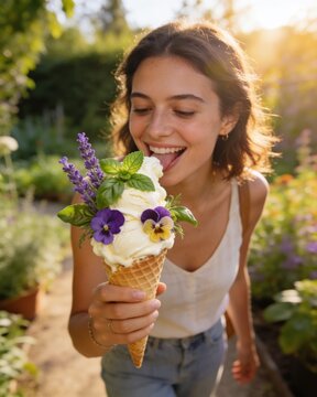 A happy young woman smiling in a sunlit garden as she enjoys an ice cream in a waffle cone decorated with fresh herbs and edible flowers on a summer vacation.