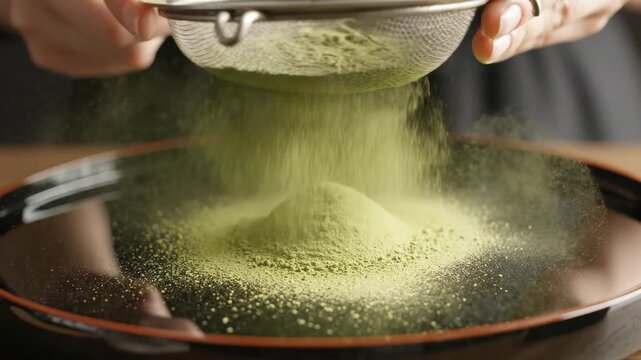 Close-up of hands sifting vibrant green matcha powder through a sieve onto a black tray