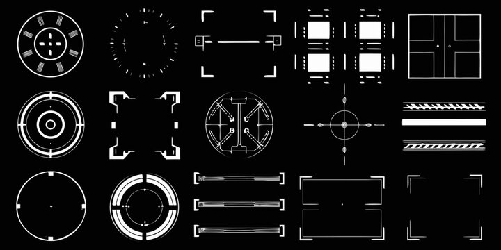 futuristic sci fi frames and shapes on black background sci fi geometric circle oval rectangle target crosshair grid line dot vector illustration