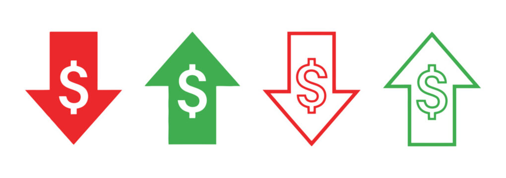 Dollar sign arrow icon set in four directional variations, solid red and green color style for financial increase, decrease and currency value symbol.