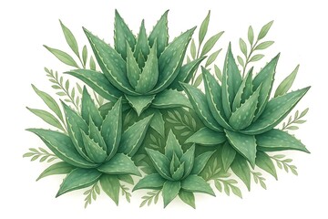 Fototapeta premium Decorative cluster of aloe vera plants with layered succulent leaves illustration