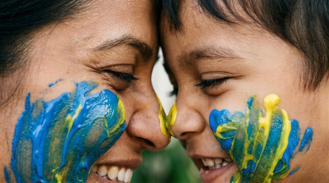 Woman and child with blue and yellow paint on face touching foreheads. Close up portrait of mother and son playing with colors. Parenting, childhood, family bonding and creativity concept