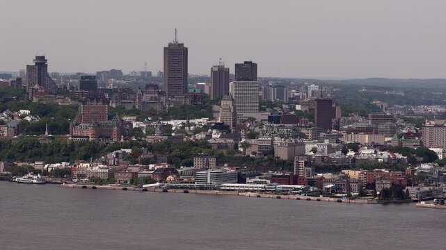 Aerial view of Quebec City and Levis straddling the St Laurence River