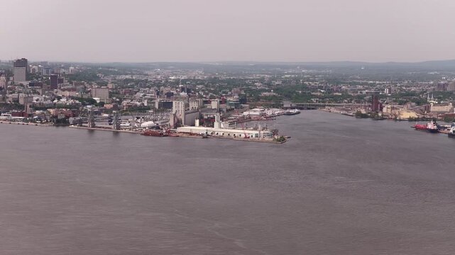 Aerial view of Quebec City and Levis straddling the St Laurence River