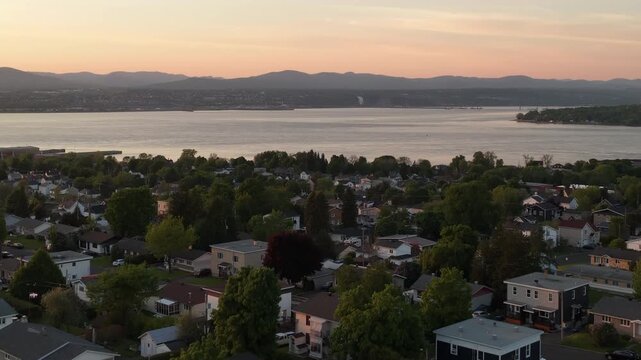 Aerial view of Quebec City and Levis straddling the St Laurence River