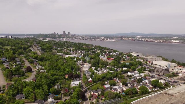Aerial view of Quebec City and Levis straddling the St Laurence River