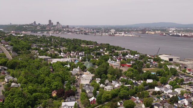 Aerial view of Quebec City and Levis straddling the St Laurence River