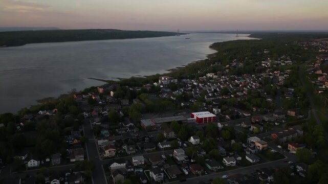 Aerial view of Quebec City and Levis straddling the St Laurence River