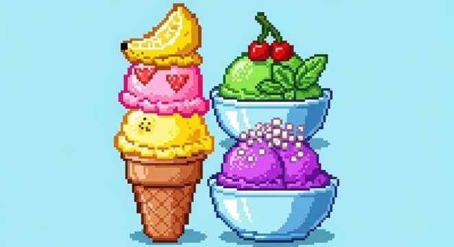 Colorful pixel art ice cream and watermelon popsicles stacked