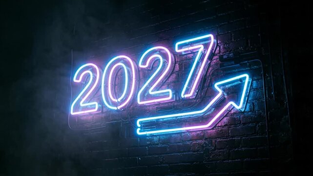 Neon sign showing 2027 with upward arrow on brick wall. Glowing blue emblem celebrating New Year holiday. Modern futuristic concept for annual financial growth.