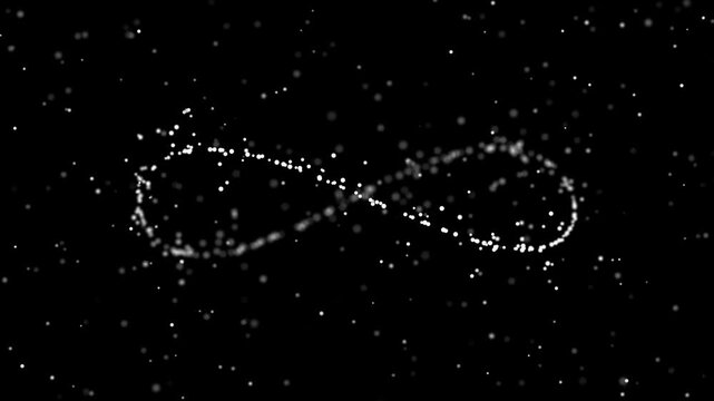 Infinity symbol formed by glowing particles drifts through dark space. Infinite symbol moves smoothly in seamless loop with continuous particle flow. Abstract cyclic motion background