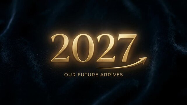 Golden 2027 text with an upward swoosh on velvet fabric. Concept for New Year celebration design. Future arrival message with elegant typography luxury style.