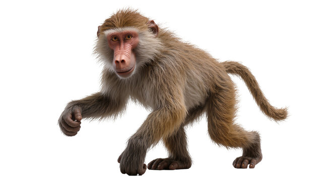 Isolated baboon walking, a large primate with brown fur and a distinctive pink face.