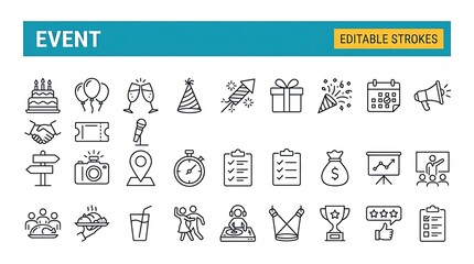 Event flat icons set with editable strokes depicting celebrations and achievements © png stock