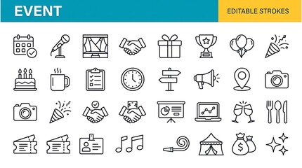 Event outline icons set with editable strokes on a white background © png stock