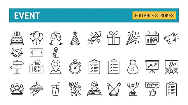 Event flat icons set with editable strokes depicting celebrations and achievements