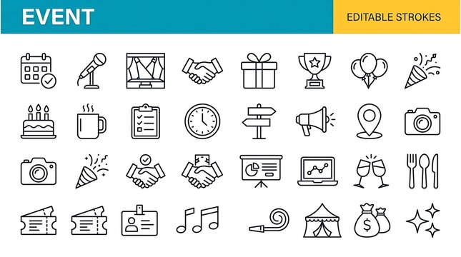 Event outline icons set with editable strokes on a white background