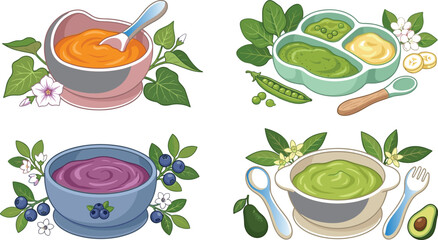 Healthy baby food puree collection with vegetable fruit and berry nutrition vector illustrationHealthy baby food puree collection with vegetable fruit and berry nutrition vector illustration © Nadia