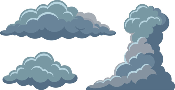 Dark Storm Clouds Vector Element Set Featuring Overcast Fluffy Cumulative Forms and Rising Thunderhead Pillars Isolated on White for Weather Forecast Graphic Designs