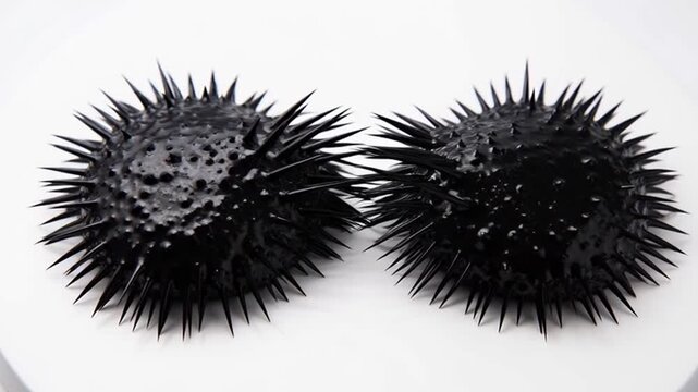 Abstract black spiky spheres merging on white background.