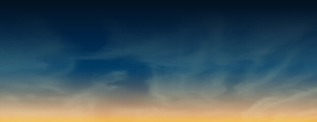 Fototapeta premium Gradient sky background with dark blue to orange hues and soft clouds vector