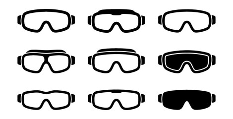 Ski goggles vector icons set, winter sports protective eyewear illustrations, black and white snowboard mask symbols for active recreation © Md