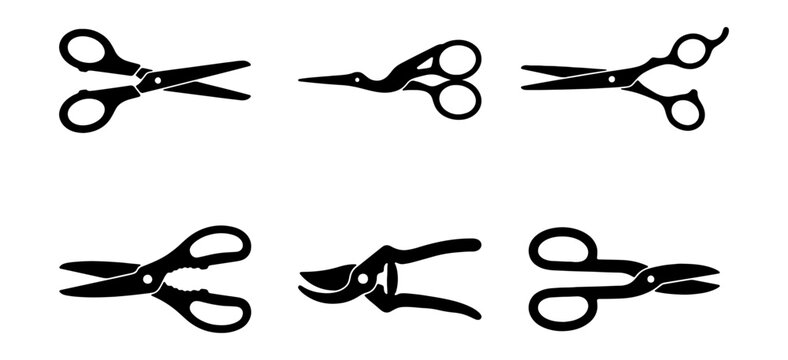 Black scissors silhouette vector set, vintage shears and cutting tools icons, isolated tailor and barber scissor collection
