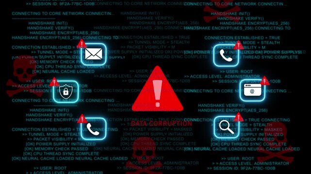 Cyber security breach alert featuring digital data corruption warning with glowing network interface symbols and malicious malware skull on a dark background, for advanced tech presentations