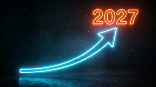 Blue neon arrow pointing toward 2027 on financial growth chart. Business development trend and New Year 2027 success concept for future investment planning analysis.