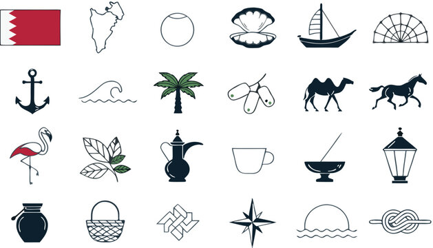 Bahrain Culture Icons Set With Flag And Dhow Sailboat Against White Background