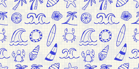 hand drawn beach elements on grid paper sketch monochromatic waves palm trees crabs shells surfboards sun pattern illustration vector summer vacation © Raj