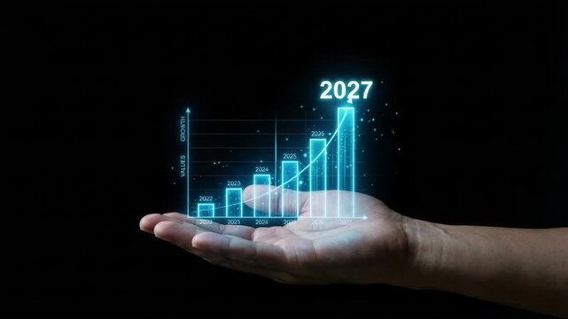 Businessman holding a digital growth chart showing annual progress towards the year 2027. Futuristic financial data visualization for long term business planning.