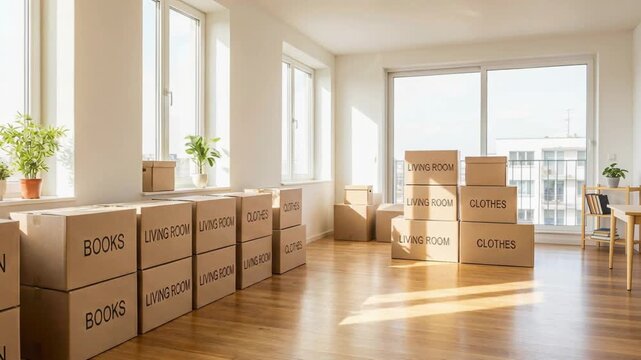 Moving boxes in an empty room, a concept of apartment relocation and new home ownership