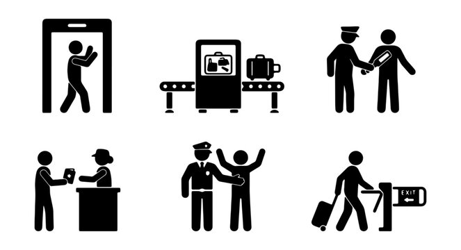 Airport security check icon set, vector stick figures for terminal customs control, baggage scanner and passport inspection signs