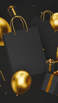 Floating black gift boxes, shopping bags, golden balloons and confetti on dark background for Black Friday sale, 3D render seamless Vertical video.