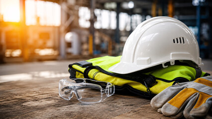 Fototapeta premium Personal protective equipment on wooden table in factory background. Construction safety gear set with white hard hat, yellow vest, protective goggles, and gloves.