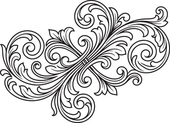 Fototapeta premium Intricate black ornamental flourish decorative scroll border element with floral filigree swirly vintage line art design isolated on transparent background.