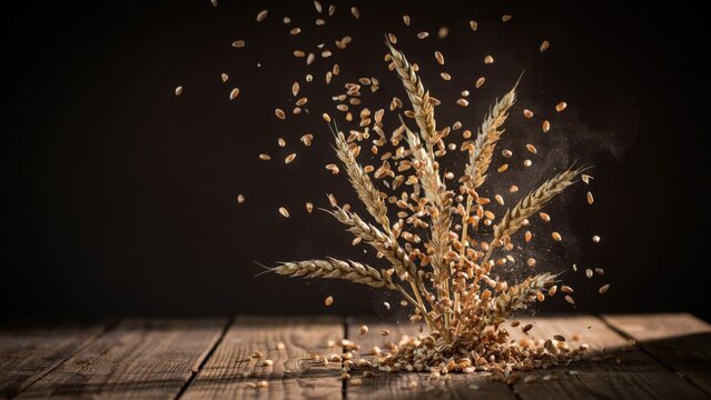 Wheat ears with falling grains on a rustic wooden table