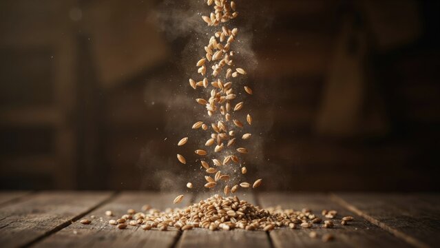 Falling wheat grains on a rustic wooden table