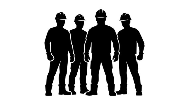 Four construction workers in silhouette standing together.