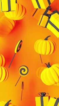 Orange pumpkins, gift boxes and candies rotating on orange Halloween background, 3D render seamless Vertical video.