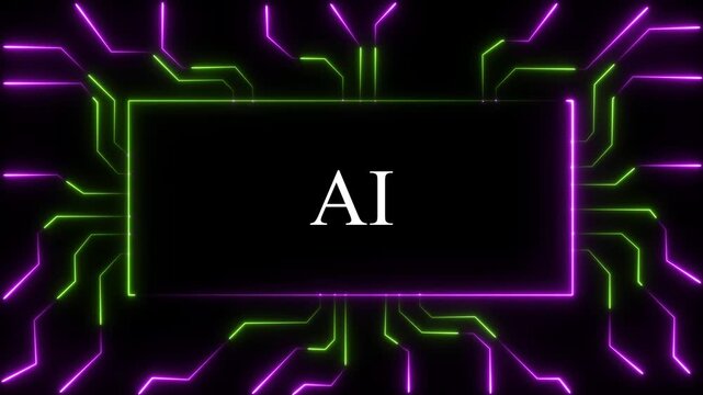 Futuristic artificial intelligence concept featuring glowing neon circuitry patterns and pulsing data lines in a high-tech digital environment modern tech presentations and cybernetic visuals