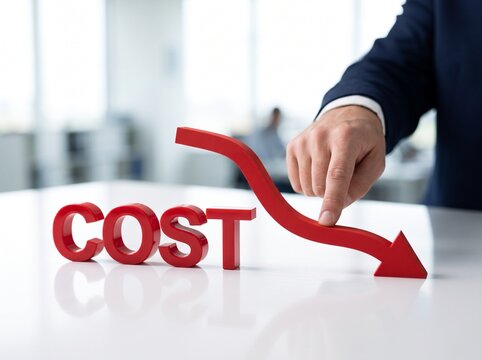 Businessman's hand guides a red arrow downwards, indicating a decrease in the word "COST" on a white surface.